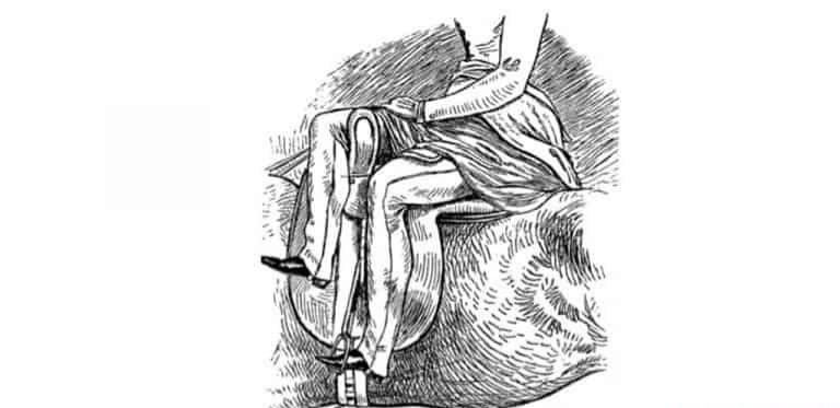 نقاشی به جای مانده از قرن نوزدهم که زنی ویکتوریایی را نشان می‌دهد، او نیز به پهلو روی اسب نشسته‌ است