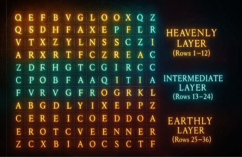 (دیکدینگ کتاب؛ یکی از جدولهای معروف کتاب با لایهبندی حروف لاتین – این ساختار اصلی رمز کتابه)