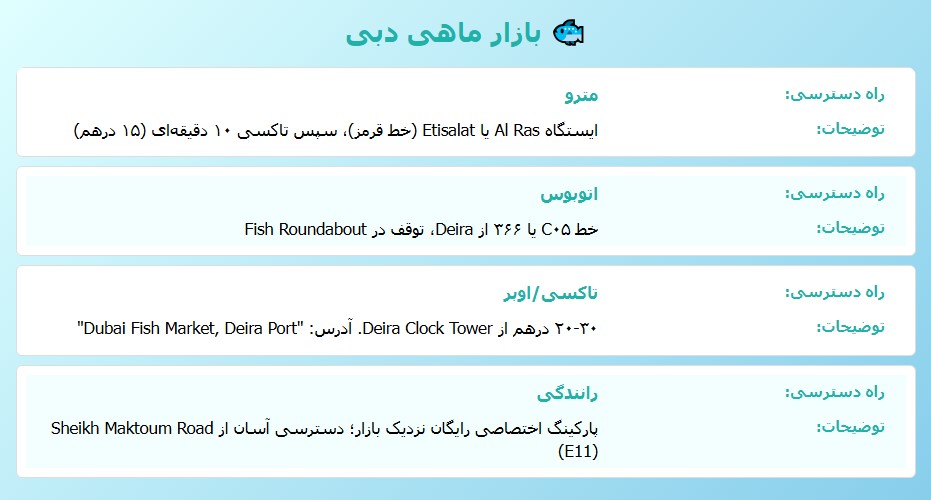 جدول راههای دسترسی به بازار ماهی دبی