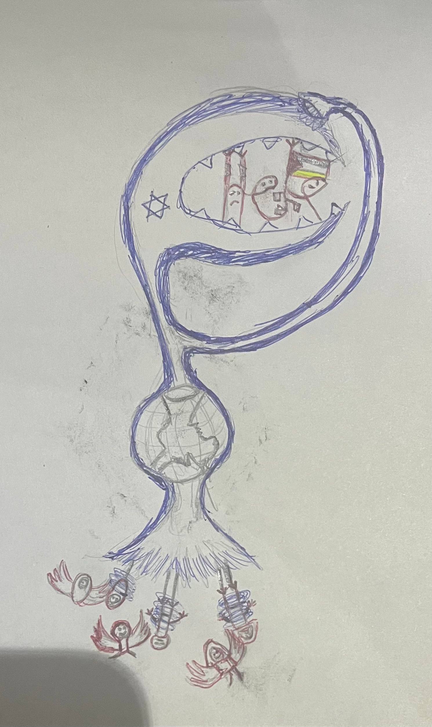 گیاه گوشتخوار، داخل دهان آن کودکان فلسطینی تشکیل help دادهاند، در شکم گیاه، کره زمین هست!