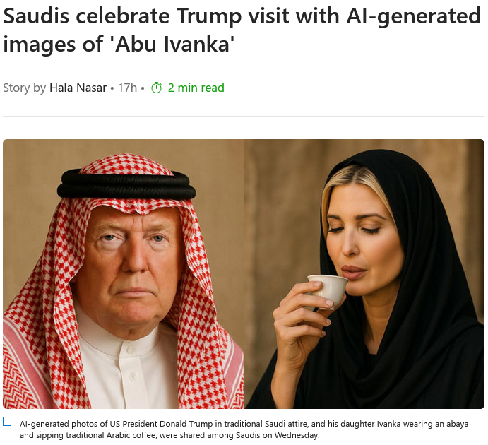 عکسهای تولید شده توسط AI  از رئیس جمهور ایالات متحده، دونالد ترامپ در لباس سنتی سعودی، و دخترش  ایوانکا با لباس و قهوه سنتی عربی