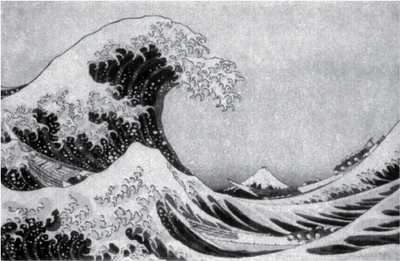 شکل ۶-۴: کاتسوشیکا هوکوسای، «موج بزرگ کاناگاوا»، چاپ چوبی از مجموعه او «سی و شش منظره از کوه فوجی» (۱۸۳۱).
