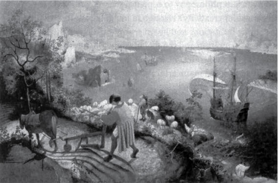 شکل ۶-۱: پیتر بروگل بزرگ، «سقوط ایکاروس» (حدود ۱۵۶۰)، موزههای سلطنتی هنرهای زیبای بلژیک، بروکسل.