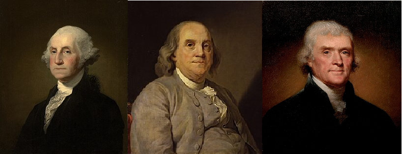 تامس جفرسون،بنجامین فرانکلین، جرج واشنگتن سه فراماسون موسس آمریکا.