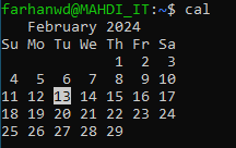دستور cal در bash