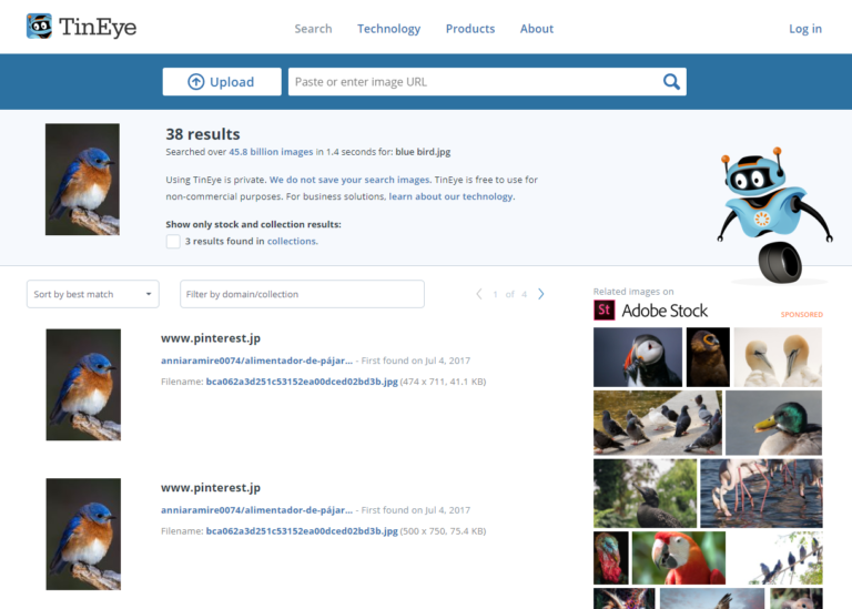 شکل ۲: موتور جستجوی تصویر معکوس TinEye
