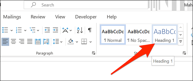 شکل ۳. از سبک«Heading 1» برای سرصفحه در یک سند ورد استفاده کنید.