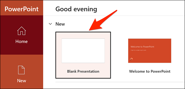 شکل ۶. «Blank Presentation» را در پنجره پاورپوینت انتخاب کنید.