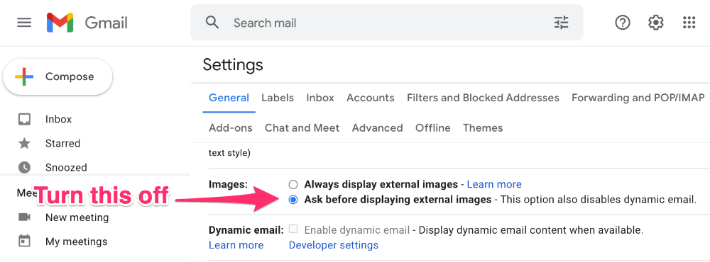 شکل۲. خاموش کردن تصاویر در جیمیل به طور پیش‌فرض