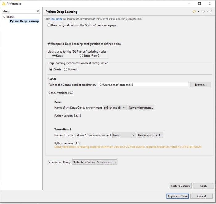 شکل ۱۱: صفحه اولویت یادگیری عمیق پایتون KNIME