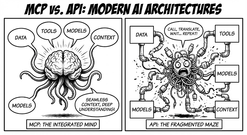تحلیل مقایسه‌ای پروتکل زمینه مدل (MCP) و رابط‌های برنامه‌نویسی کاربردی (API) در معماری‌های نوین هوش مصنوعی