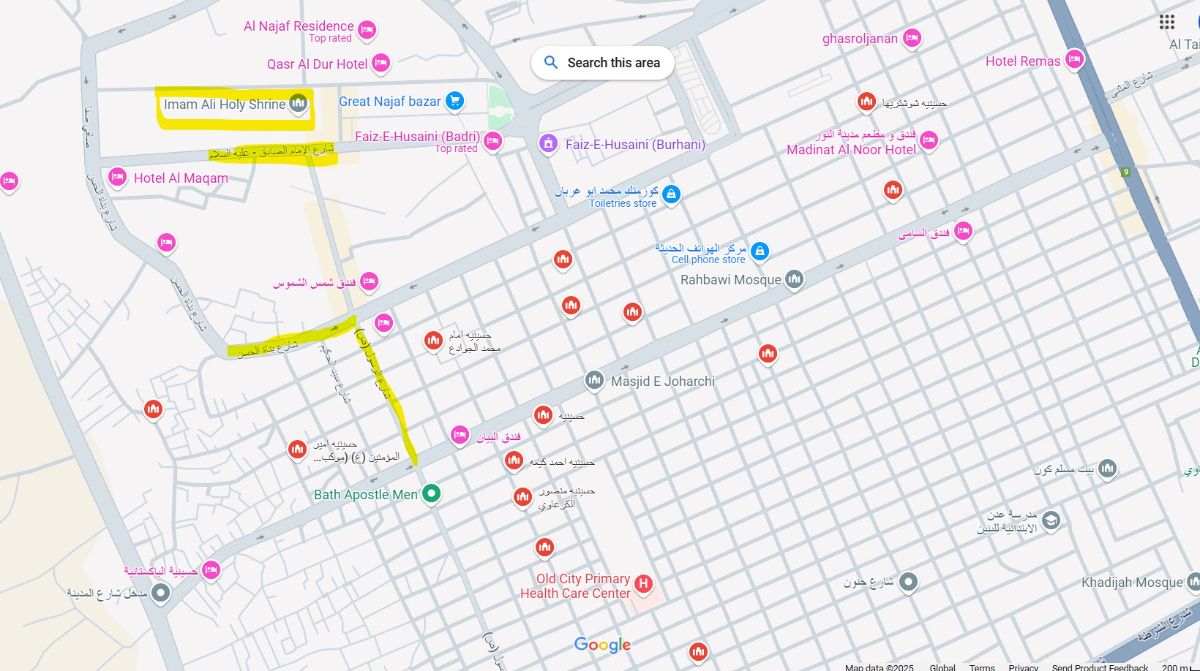 نقاط قرمز رنگ مشابه مسجد، حسینیه ها هستند. اطلاعی از امکان اقامت در دسترس نیست.
