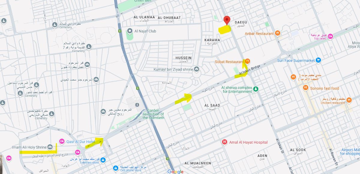 گوشه پایین سمت چپ حرم مولا علی علیه السلام است. و علامت قرمز حسینیه