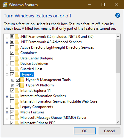  Windows Features: Turn Windows features on or off - Enable Hyper-V