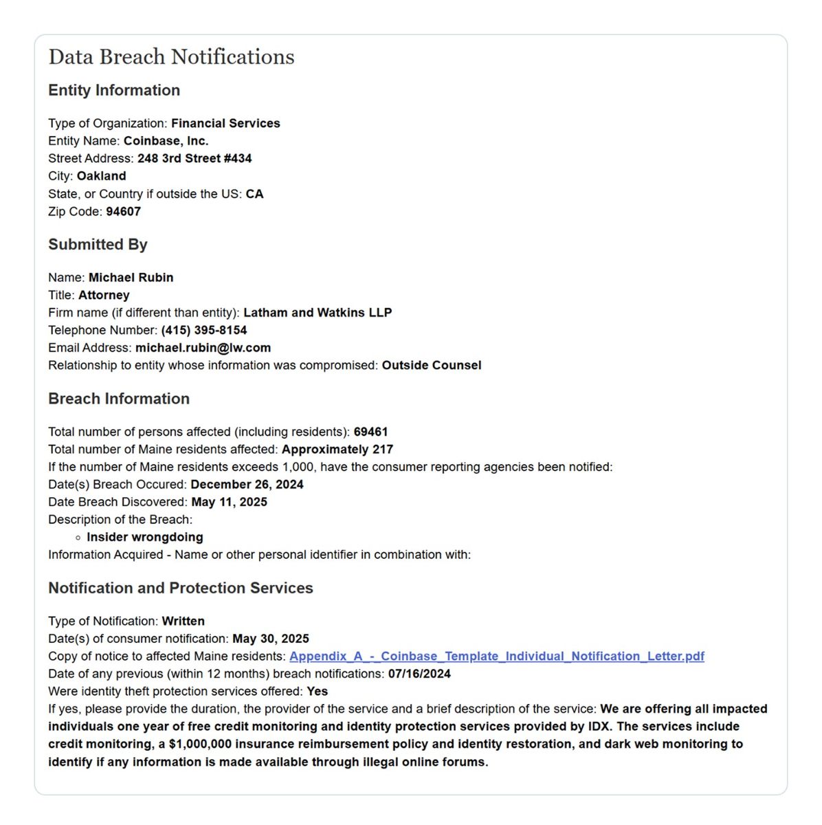 مایکل روبین، وکیل رسمی کوین بیس، گزارش رسمی مربوط به نقض داده های کوین بیس را به دفتر دادستان کل ایالت مین ارسال کرد.