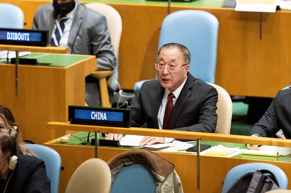 Zhang Jun, China’s permanent representative to the United Nations, speaks after the adoption of a resolution on Ukraine by the U.N. General Assembly at its headquarters in New York on March 2. China abstained from the vote condemning Russia for its invasion of Ukraine. WANG YING/XINHUA VIA GETTY IMAGES