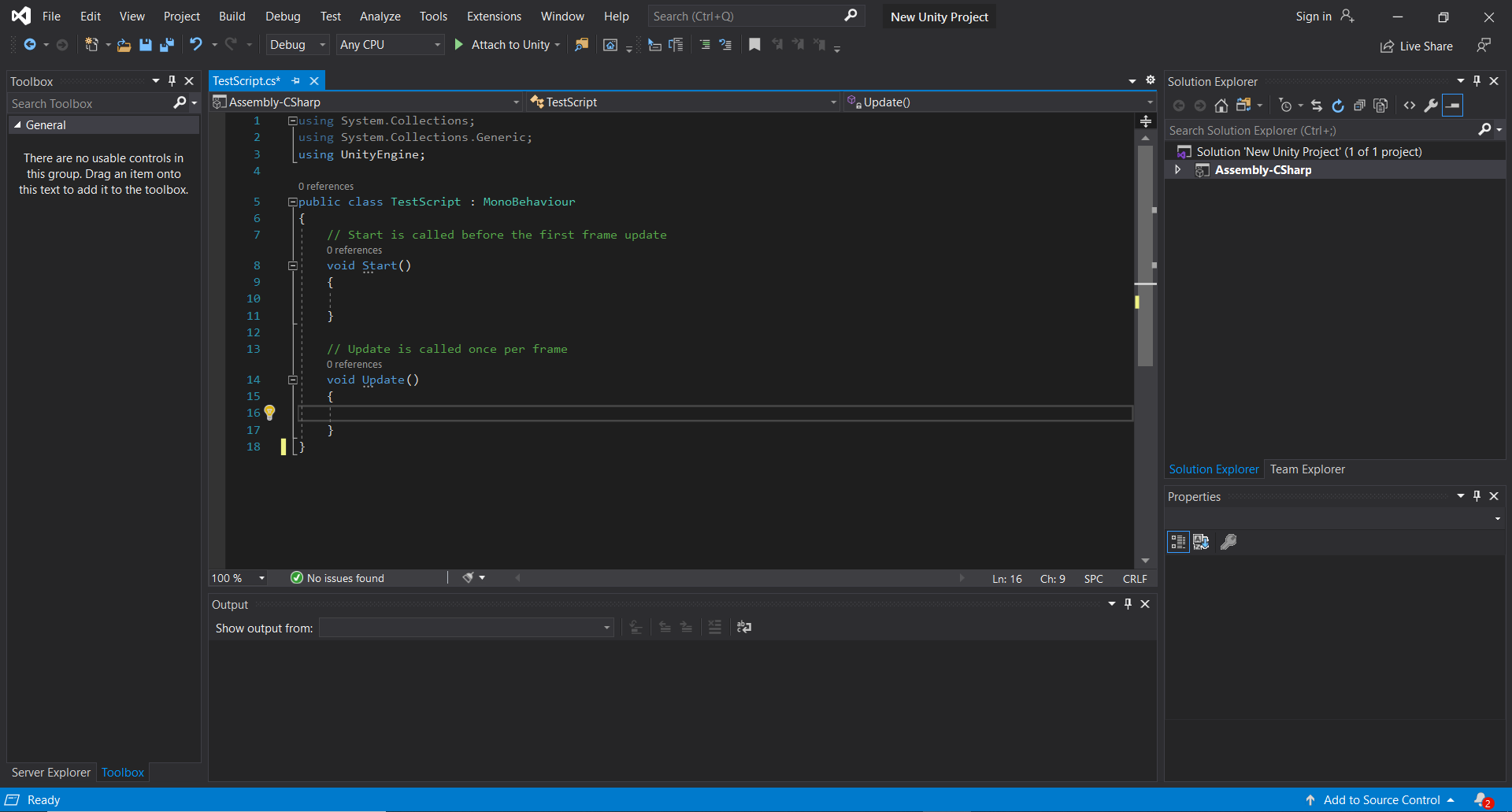 محیط Visual Studio و یک اسکریپت تازه ایجاد شده توسط Unity