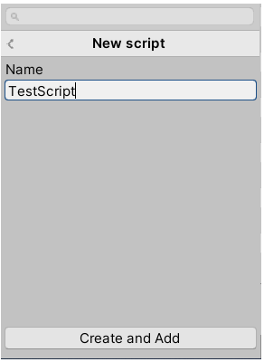 بعد از انتخاب گزینه newScript پنجره بالا باز می شود. بعد از وارد کردن نام مورد نظر برای کامپوننت گزینه Create and Add رو انتخاب می کنیم.