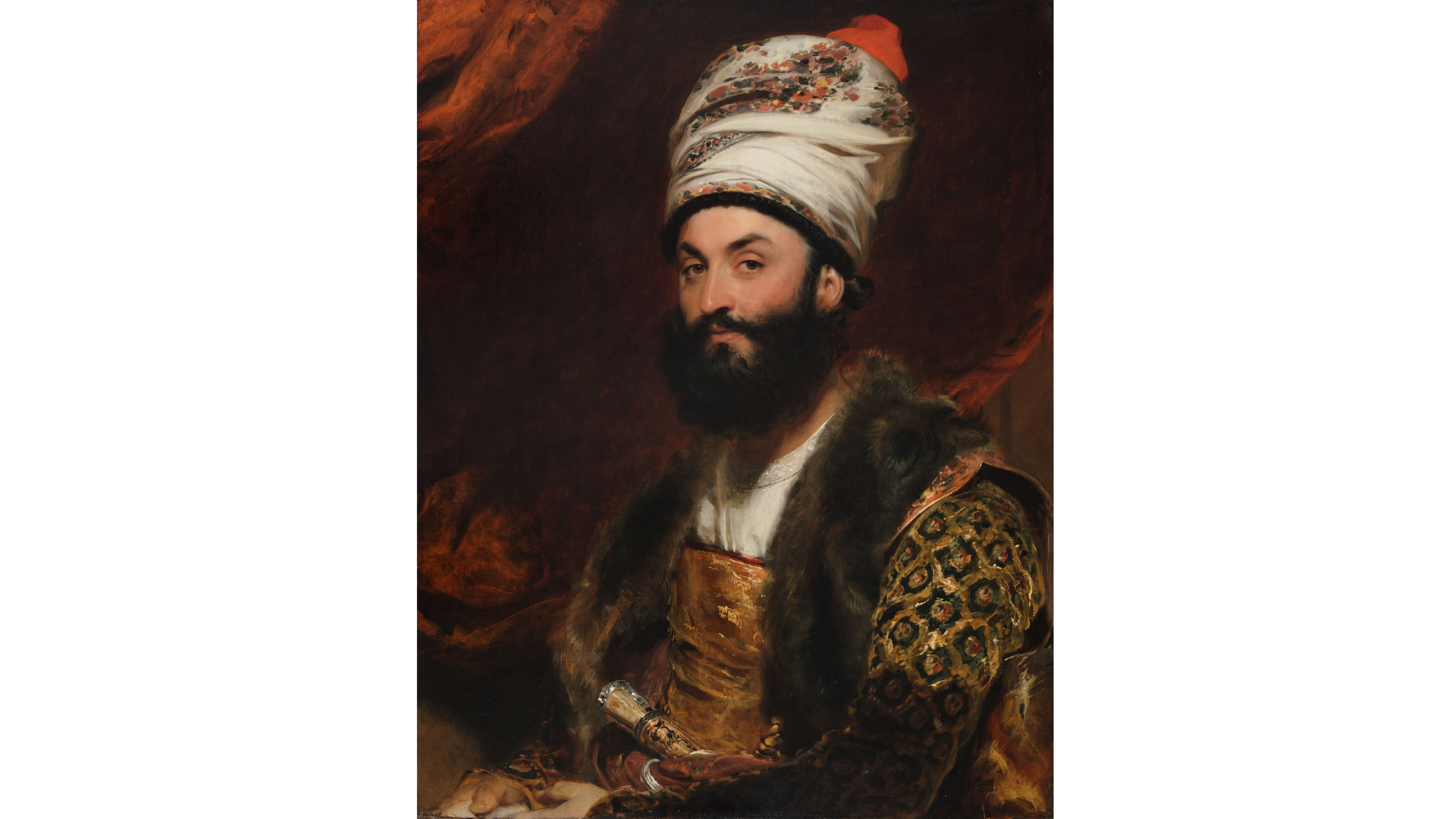 این پرتره ابوالحسن خان ایلچی است که در انگلستان در سال 1807 نقاشی شده است؛ بازتابی از شکوه و جلال فرستاده شاه ایران.