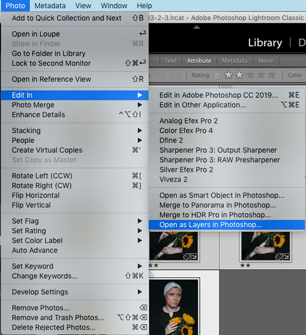 وقتی تصاویر خود را در Lightroom Classic در ماژول Develop انتخاب کردید، منوی «Photo» را باز کرده و «Open as Layers in Photoshop» را انتخاب کنید. 