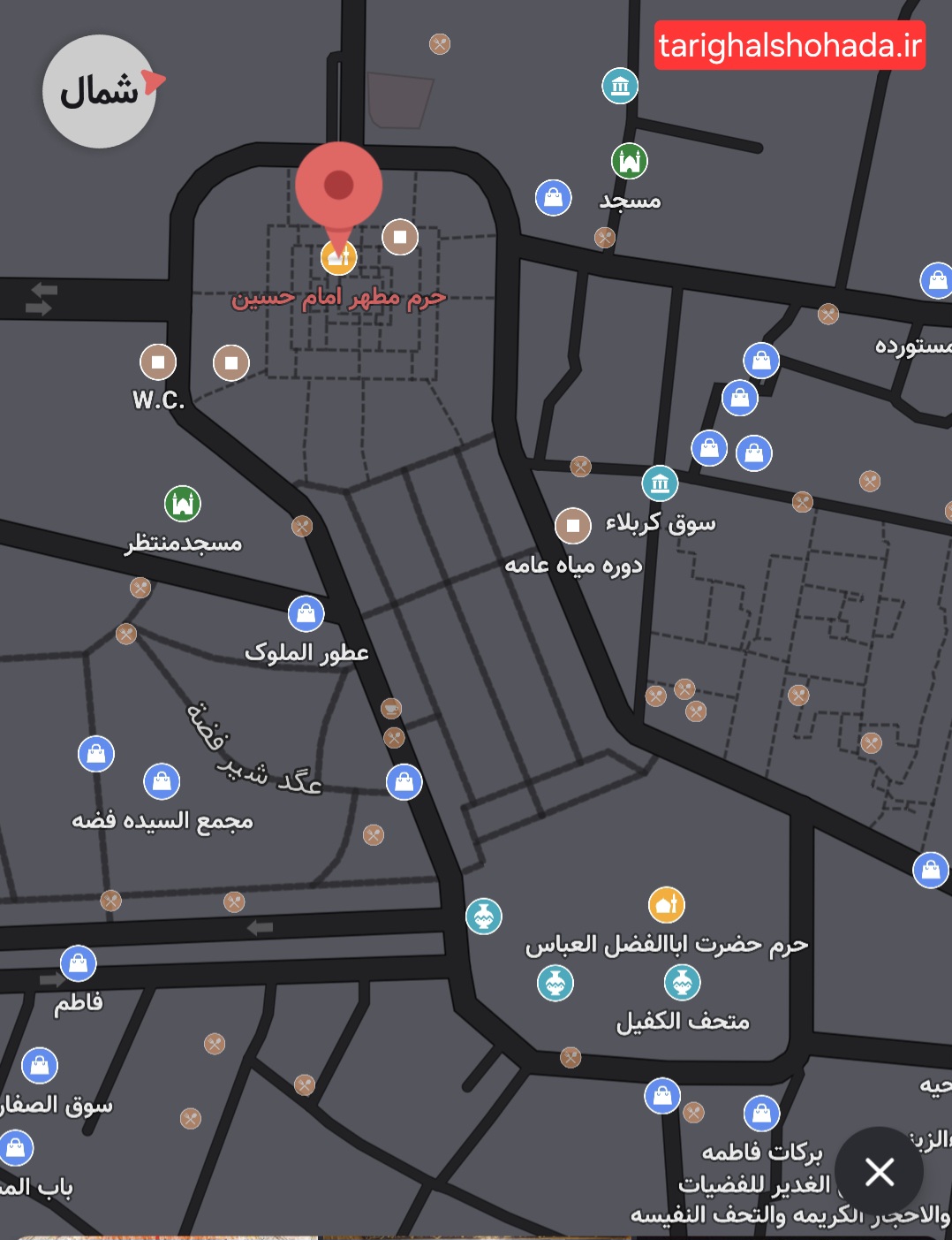 نقشه هوایی بین الحرمین حرم حضرت عباس و امام حسین