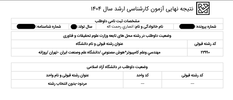 نتیجه نهایی کنکور ۱۴۰۴