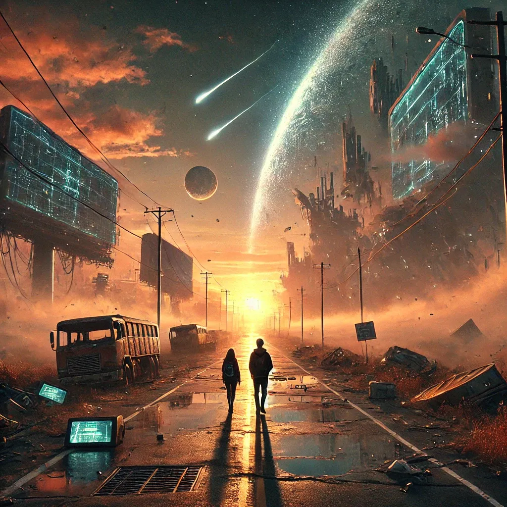 این تصویر ترکیبیه از فضای آخرالزمانیِ احساسی The Electric State با تهدید قریب‌الوقوع و طنز تلخِ Don't Look Up