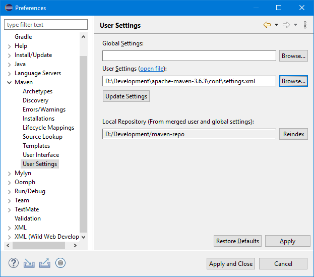 مشخص کردن مسیر Settings.xml در قسمت User Settings