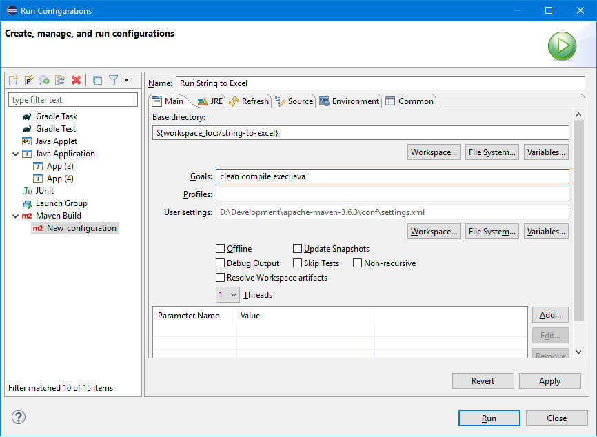 تنظمیمات Run Configuration برای اجرای برنامه توسط Maven در Eclipse