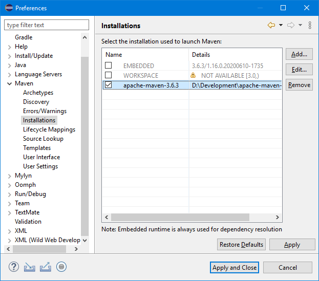 انتخاب Maven نصب شده در Eclipse IDE