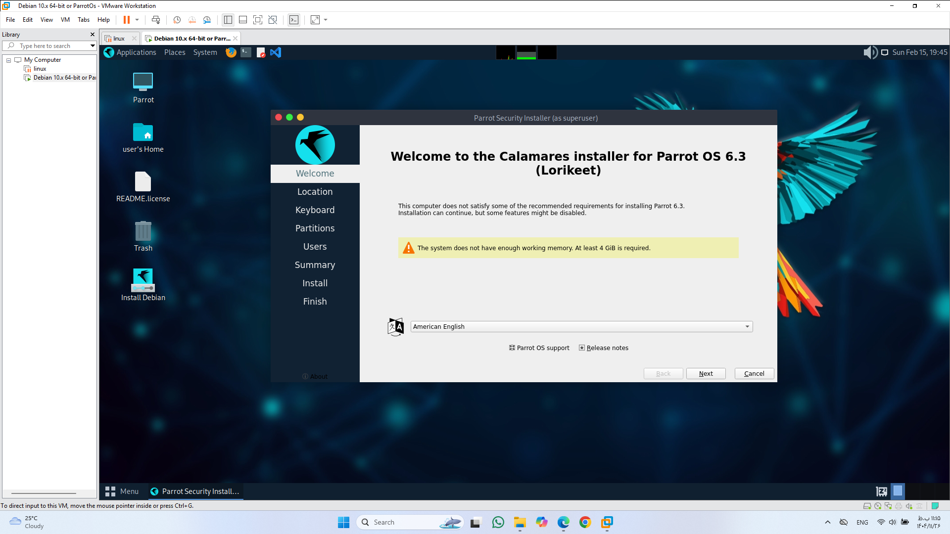 روی آیکون install Debian کلیک کنید تا مرحله به مرحله طبق تصویر پیش برویم
