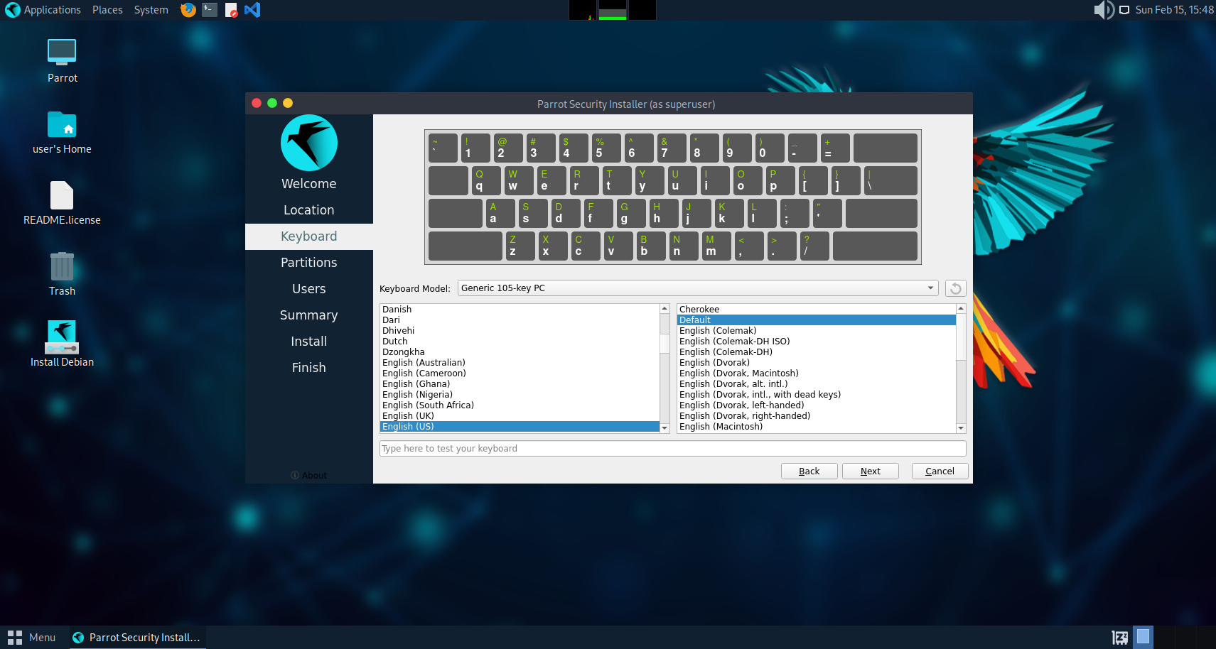 کیبورد را انتخاب میکنیم(بعدا میتوانید از تنظیمات فارسی را اضافه کنید)