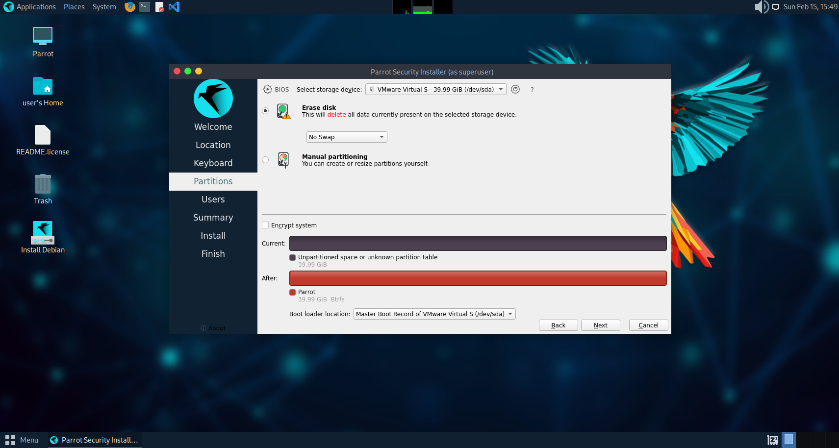 چون ما هنوز اپدیت انجام ندادیم گزینه اول برای دیسک را انتخاب میکنیم اگر به هر دلیلی پارتیشن نداشت مجبور به نصب دستی هستید که قسمت Manual را انتخاب و از داکیومنت استفاده کنید Manual Partitioning | ParrotOS Documentation
