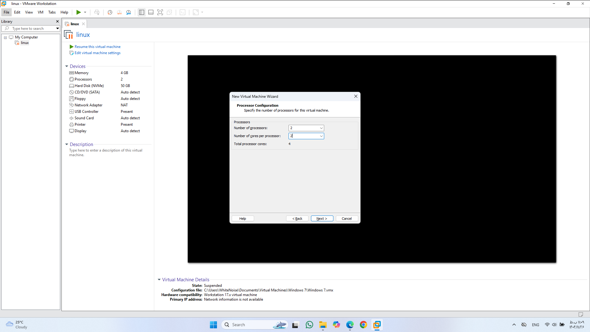 مرحله ششم تعداد هسته ها و CPU را مشخص میکنیم(توجه کنید این حداقل سیستم مورد نیاز است و اگر بخواهید تمام قدرت سیستم را استفاده کنید باید سخت افزار بالاتری داشته باشید)