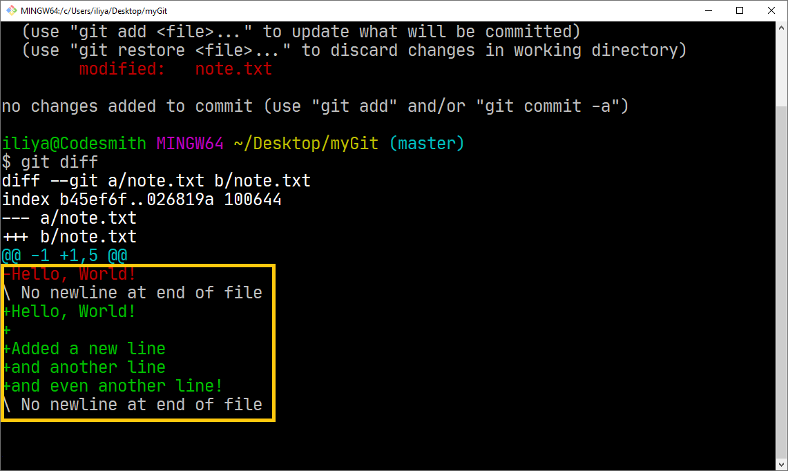 تغییرات فایل note.txt