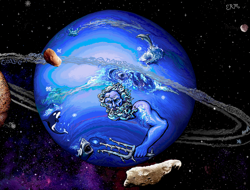 سیاره نپتون که مربوط به نپتون خدای روم و پوسایدون خدای آب و دریا و اقیانوس های در یونان هست.