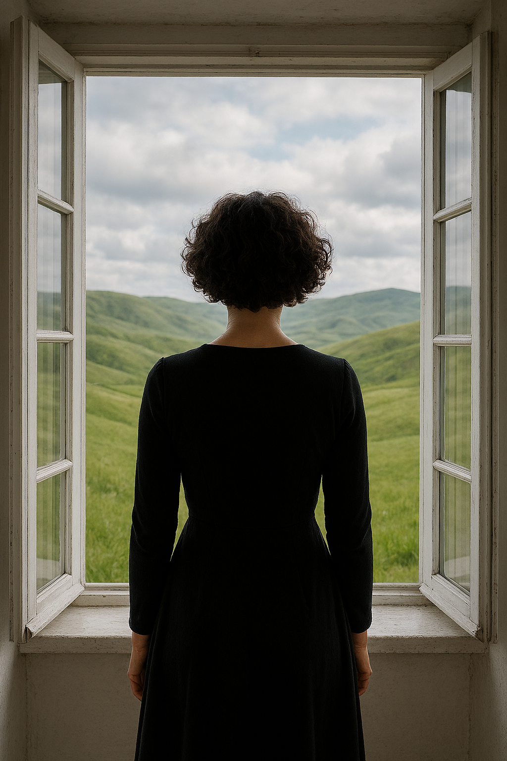 به copilot گفتم و برام ساخت. دقیقا منظورم همچین تصویری بود. دختری با لباس آستین بلند مشکی، موهای موج‌دار و کوتاه و پنجره‌ ‌ای سفید و چوبی. منظره‌ای بدون درخت. حالا که خوب بهش نگاه میکنم، این منظره شبیه یکی از تفریگاه‌های شهریه که توش بدنیا اومدم. شاید برای همینه که تپه‌های سرسبز و بدون درخت رو خیلی دوس دارم.