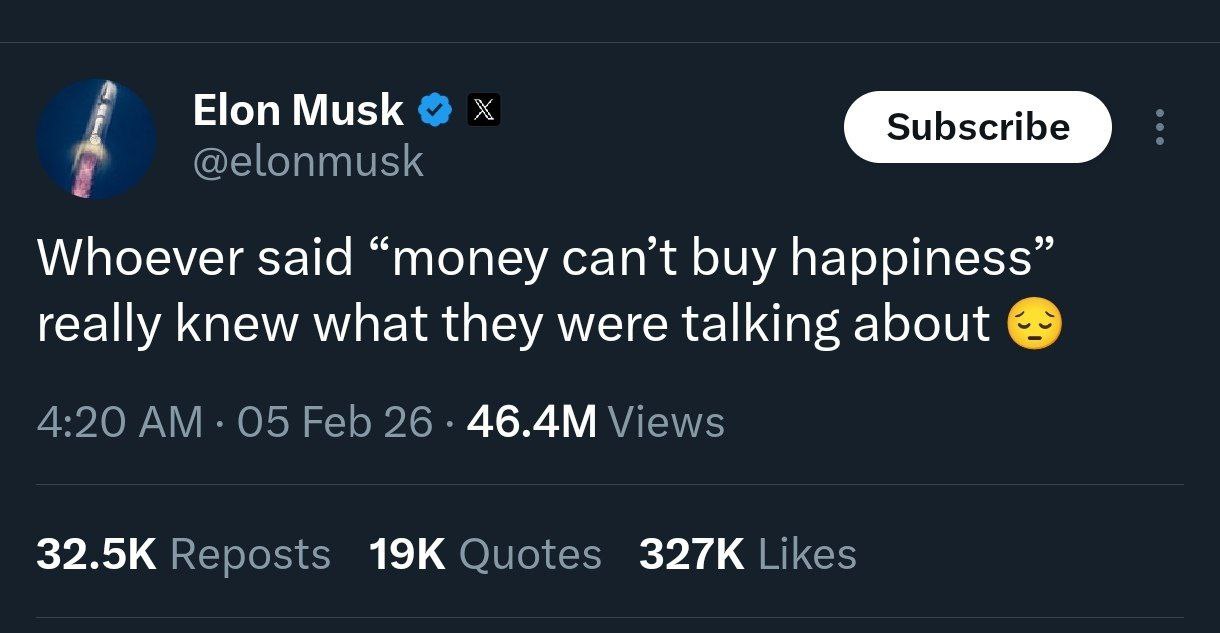 ایلان ماسک: هر کسی که گفت با پول نمی شود خوشحالی خرید حرفش درست بود