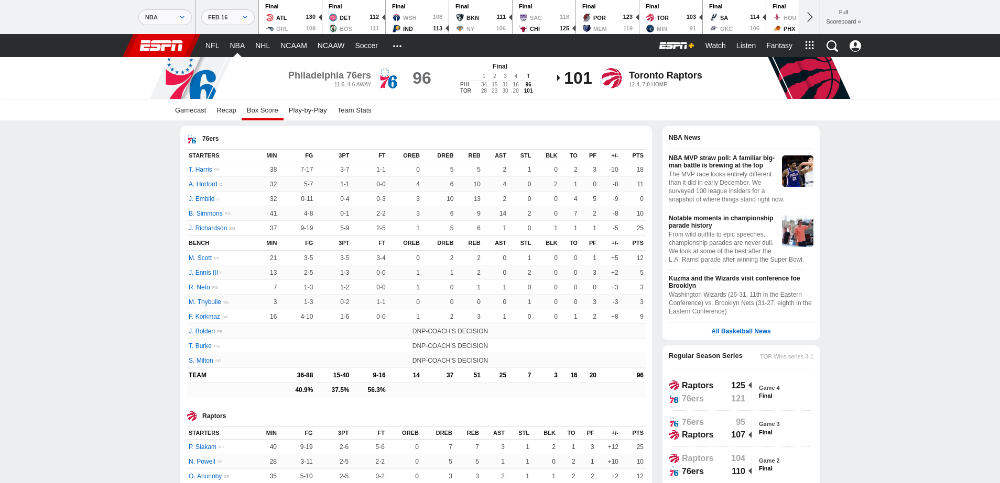 اسکرین شات از Box Score مربوط به بازی