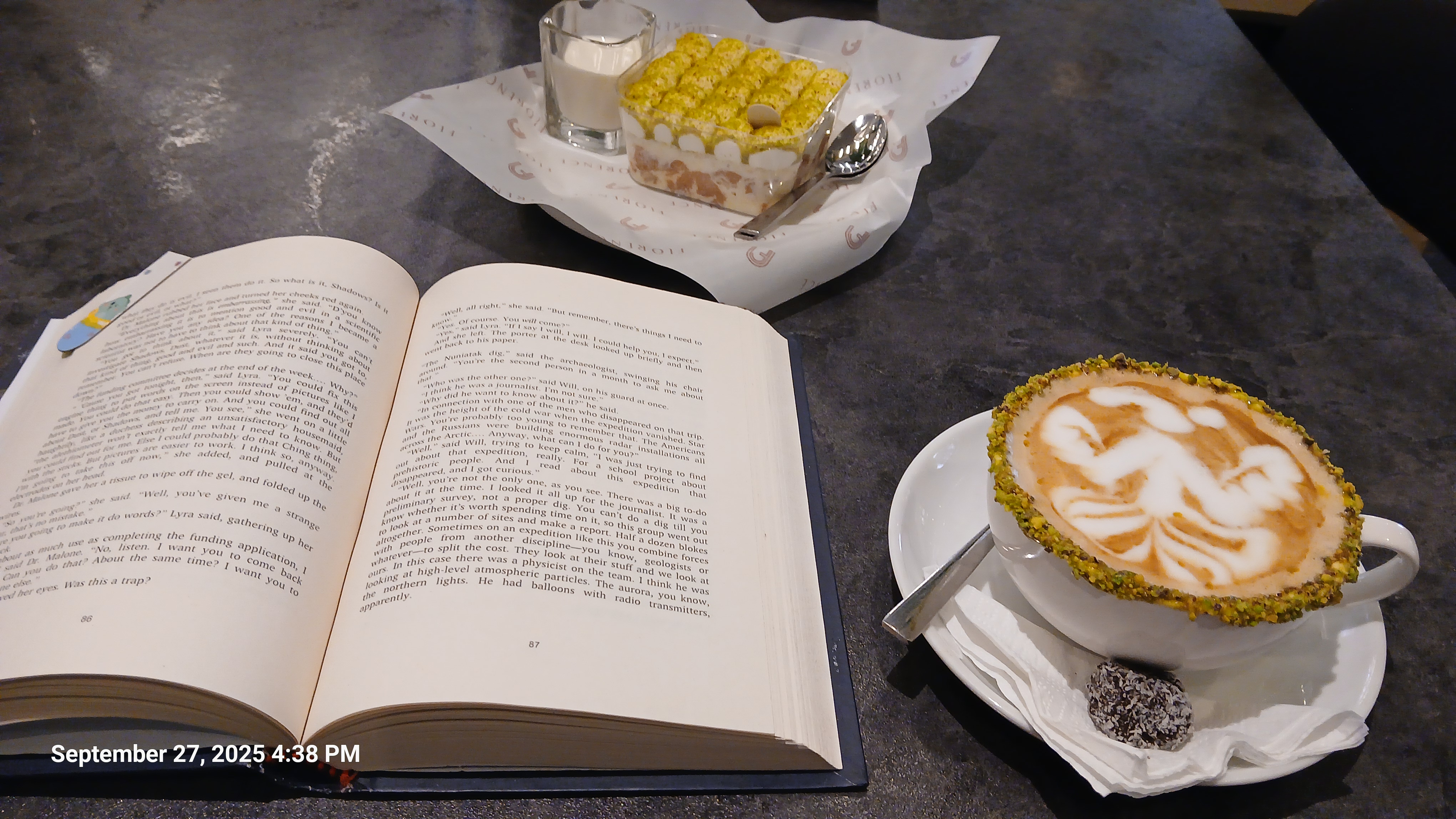 خیلی دلم می‌خواد بازهم بیرون برم و چیزای جدید بخورم مث لاته پسته‌ای و دسر پسته‌ای کنارش که اسمشو یادم نمیاد.