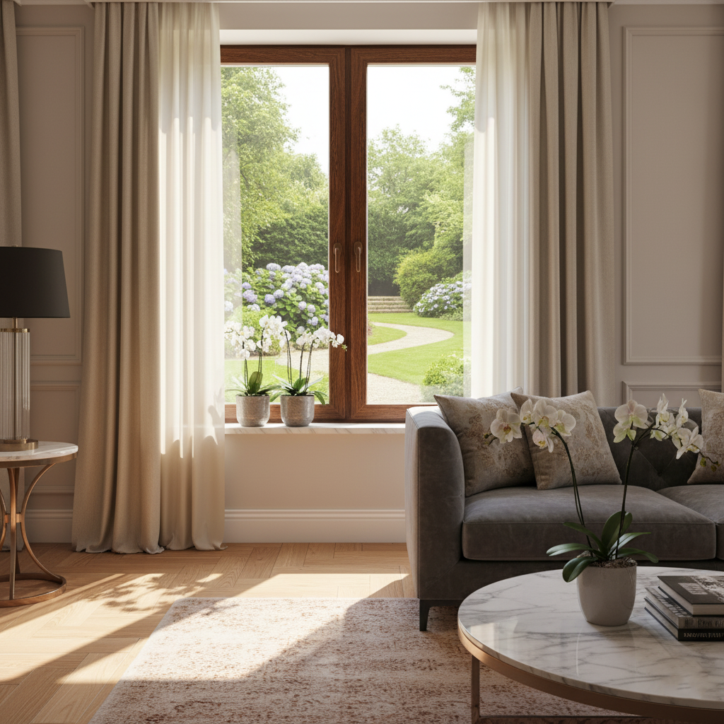 نمونه پنجره دوجداره هافمن با پروفیل لمینت طرح چوب لوکس