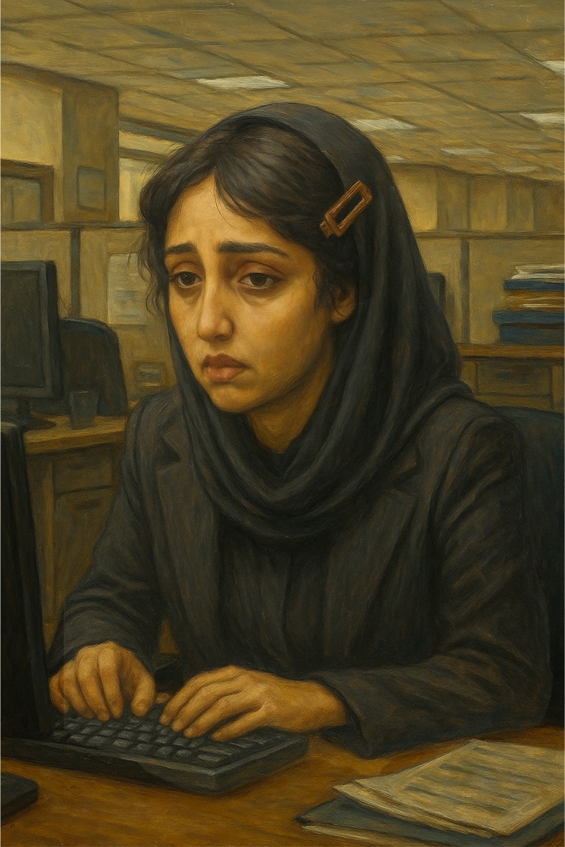 ورژن اول: زنی درگیر روزمرگی، که انرژی درونیاش در تضاد با کار یکنواخت و محیط خستهکننده است.