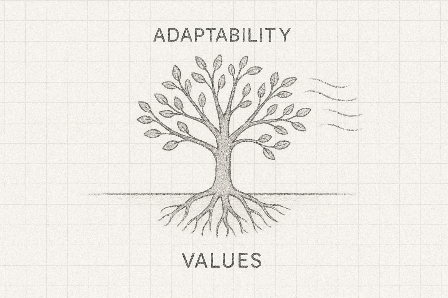 کانسپت حفظ ارزشها بهعنوان ربشه و انعطافپذیری در فرآیندها به عنوان شاخه درخت