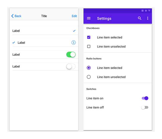 Left — standard iOS pickers; right — standard Android pickers 