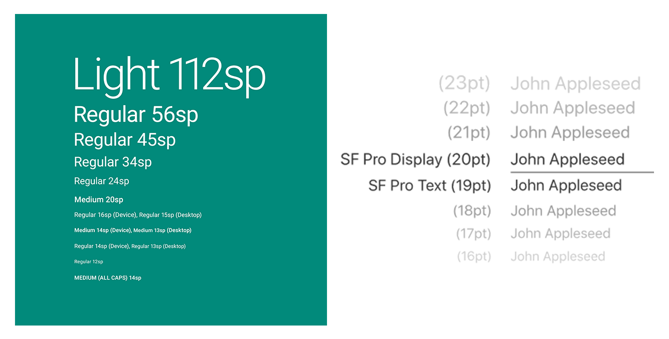Left — Material Design typography; right — HIG typography 