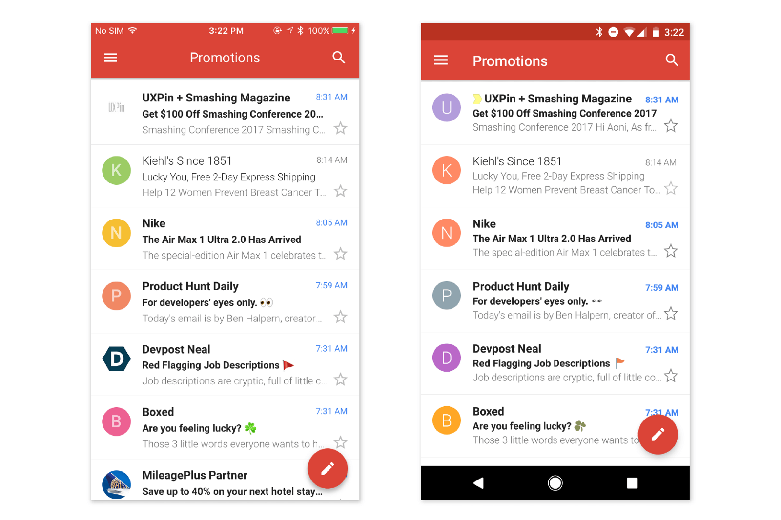 Left — Gmail on iOS; right — Gmail on Android 