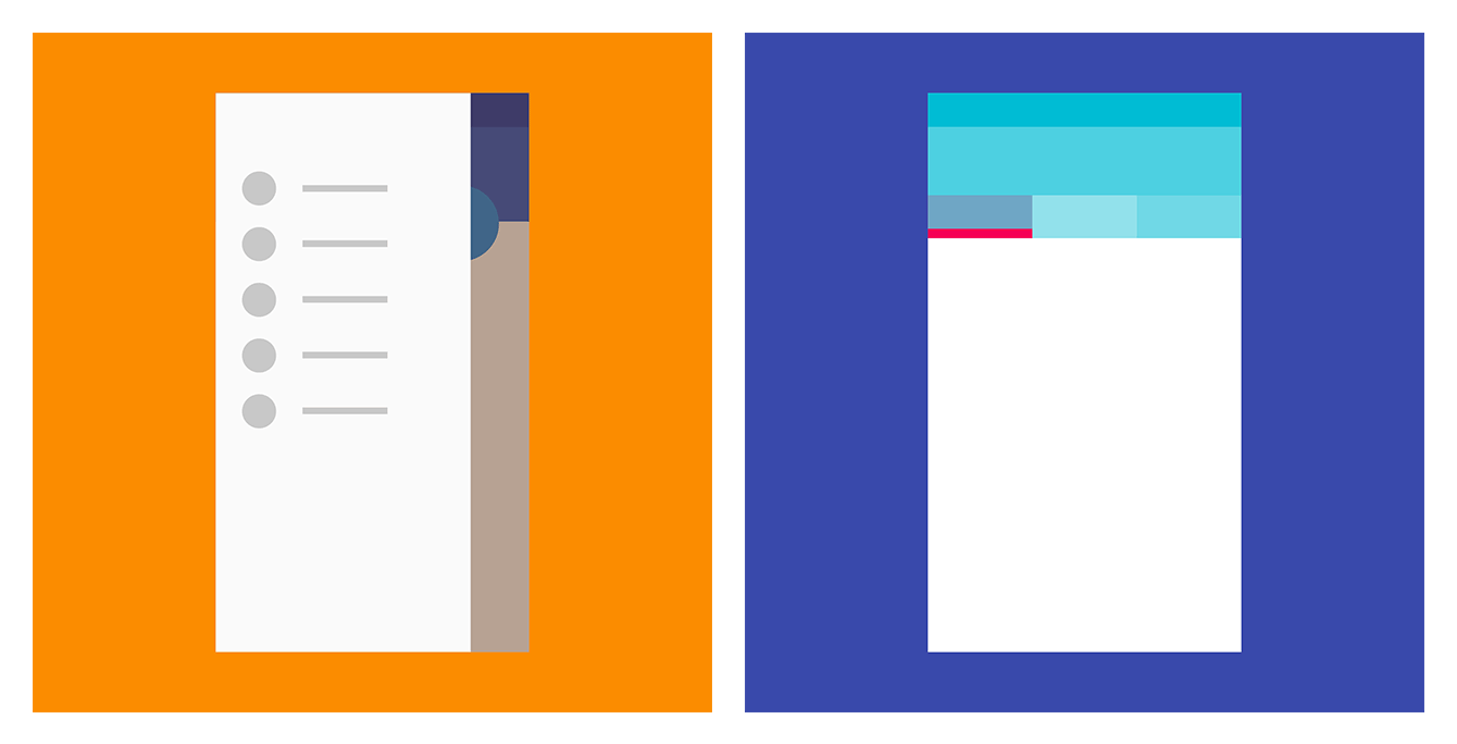 Left — drawer navigation menu; right — tabs (Material Design) 