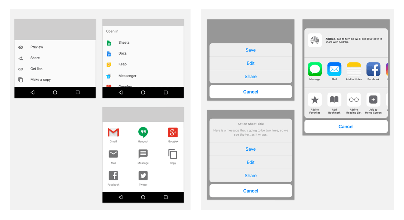 Left — standard Material Design bottom sheets; right — action sheet in iOS app 