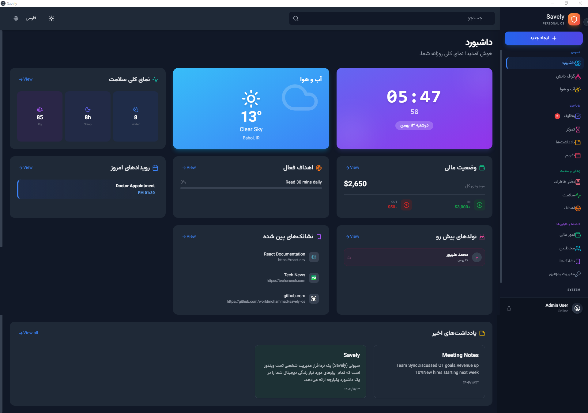داشبورد savely در تم تیره تاریک