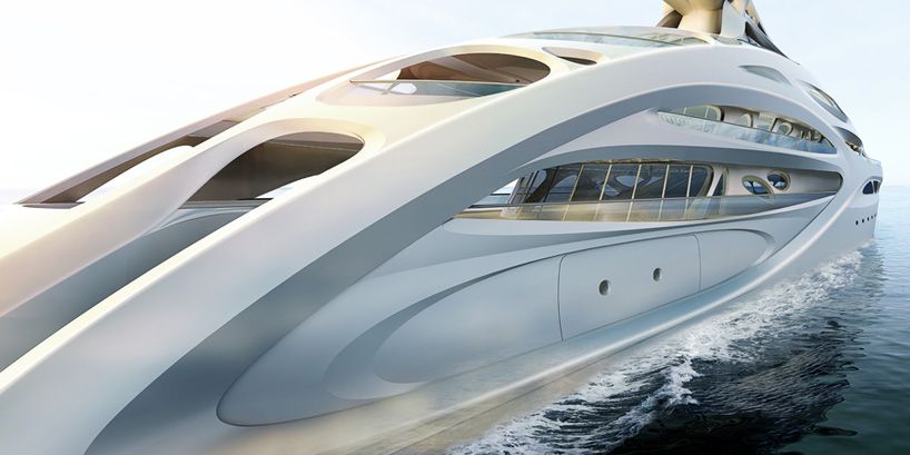 side view of the exoskeleton structure that unifies the levels of the luxury boat